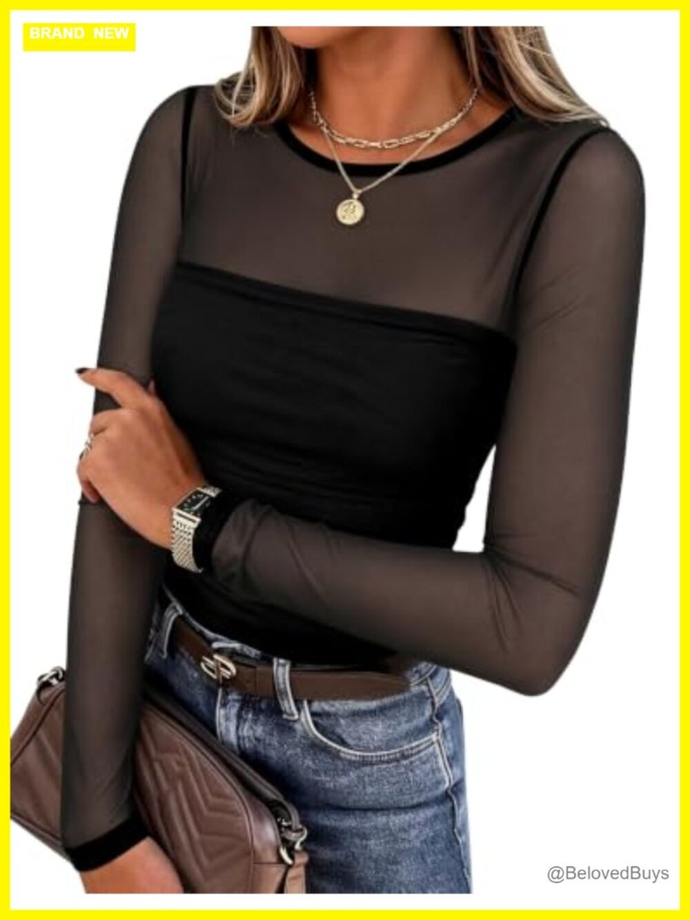 Sheer Mesh Long Sleeve Blouse Round Neck Pleated Women's Top Going Out